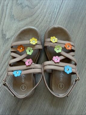 Cat & Jack Tan Sandals with Multicolor Flower Accents